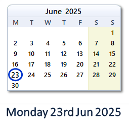 23 June 2025 calendar