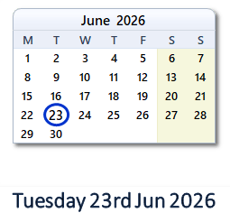 23 June 2026 calendar