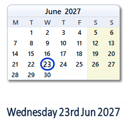 23 June 2027 calendar