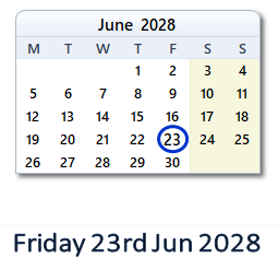 23 June 2028 calendar