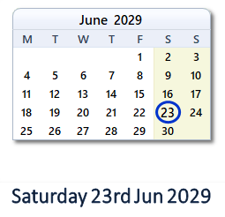 23 June 2029 calendar