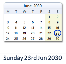 23 June 2030 calendar