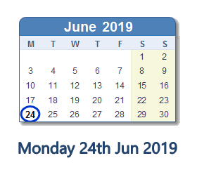 24 June 2019 calendar