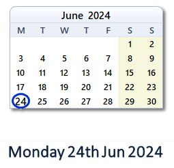 24 June 2024 calendar