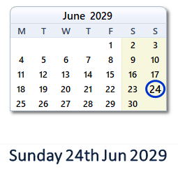 24 June 2029 calendar