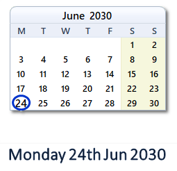 24 June 2030 calendar