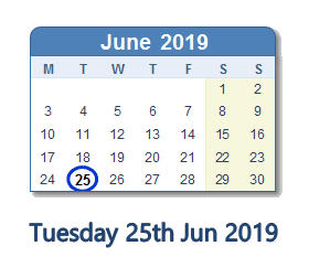 25 June 2019 calendar