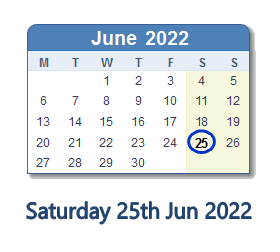 25 June 2022 calendar