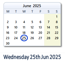25 June 2025 calendar