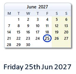 25 June 2027 calendar