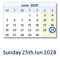 25 June 2028 calendar