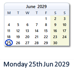 25 June 2029 calendar