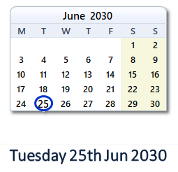 25 June 2030 calendar