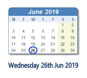 26 June 2019 calendar