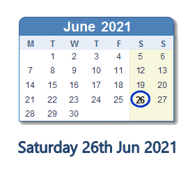 26 June 2021 calendar