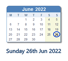26 June 2022 calendar