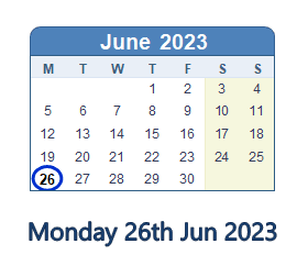 26 June 2023 calendar