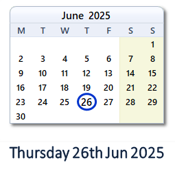 26 June 2025 calendar