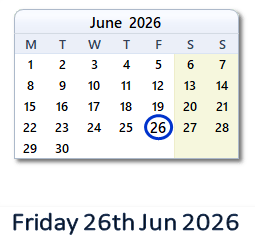 26 June 2026 calendar