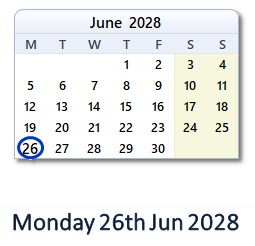26 June 2028 calendar