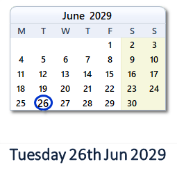 26 June 2029 calendar