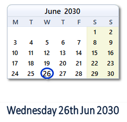 26 June 2030 calendar