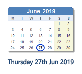 27 June 2019 calendar
