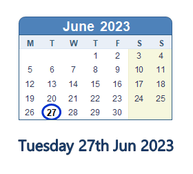 27 June 2023 calendar