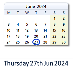 27 June 2024 calendar