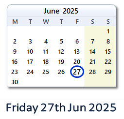 27 June 2025 calendar