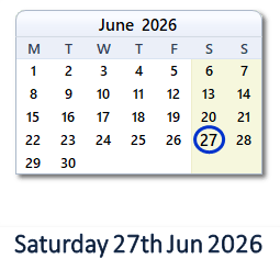 27 June 2026 calendar