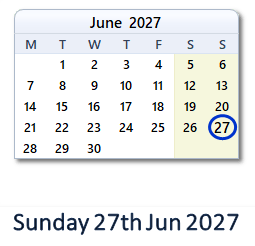 27 June 2027 calendar