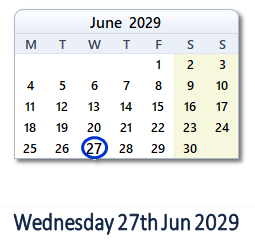 27 June 2029 calendar