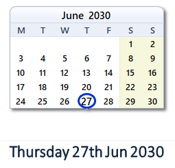 27 June 2030 calendar