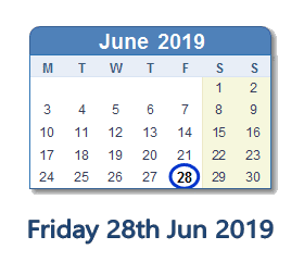 28 June 2019 calendar