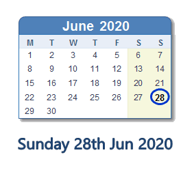 28 June 2020 calendar