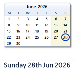 28 June 2026 calendar