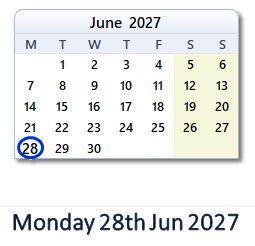 28 June 2027 calendar