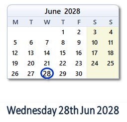 28 June 2028 calendar