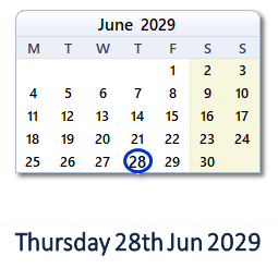 28 June 2029 calendar