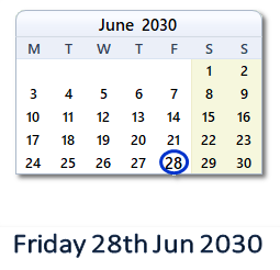 28 June 2030 calendar