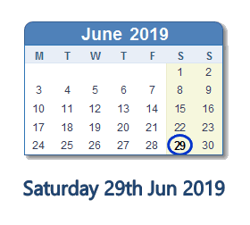 29 June 2019 calendar