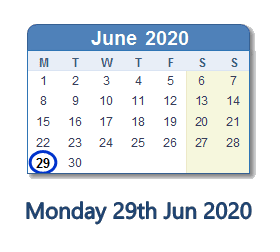 29 June 2020 calendar