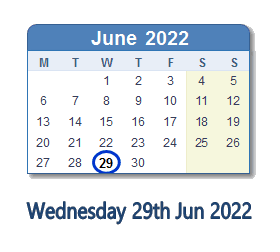 29 June 2022 calendar