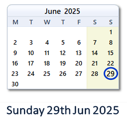 29 June 2025 calendar