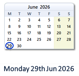 29 June 2026 calendar