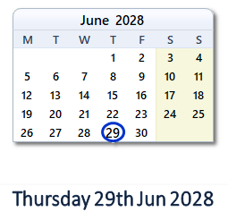 29 June 2028 calendar
