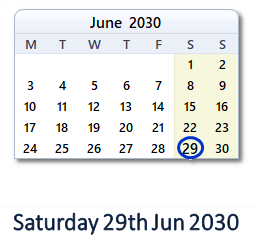 29 June 2030 calendar