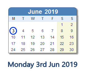 3 June 2019 calendar