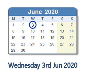 3 June 2020 calendar